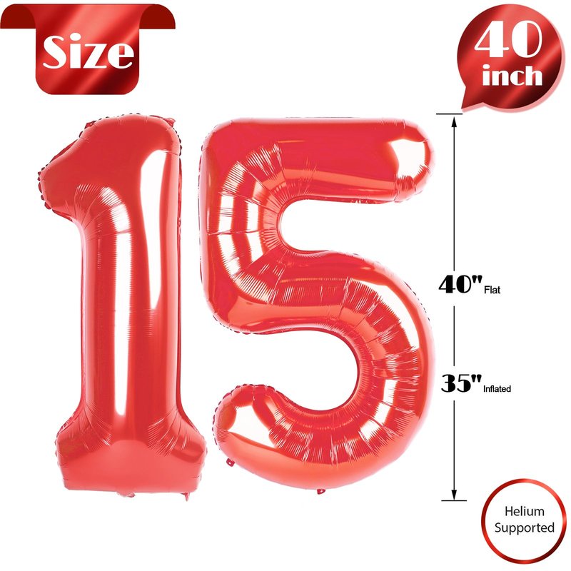 Red Number 15 Balloon 40 inch, 15 Number Balloons, 15th Red Birthday Decorations, 15 Year Old Girls Boys Party Supplies