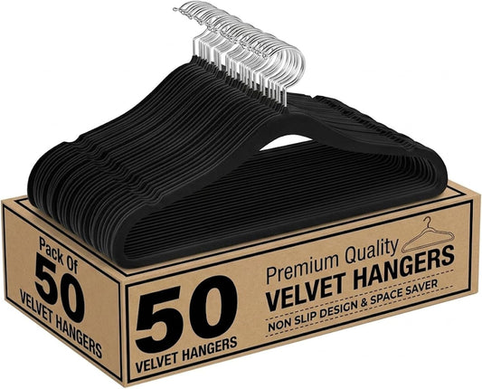 Skiennix Slim Non-Slip Black Velvet Hangers - Space-Saving Heavy Duty Felt with 360° Swivel Hooks | 50 Pack