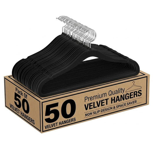 Slim Non-Slip Black Velvet Hangers, Space Saving Heavy Duty Felt Hangers with 360° Swivel Silver Hooks, 50 Pack