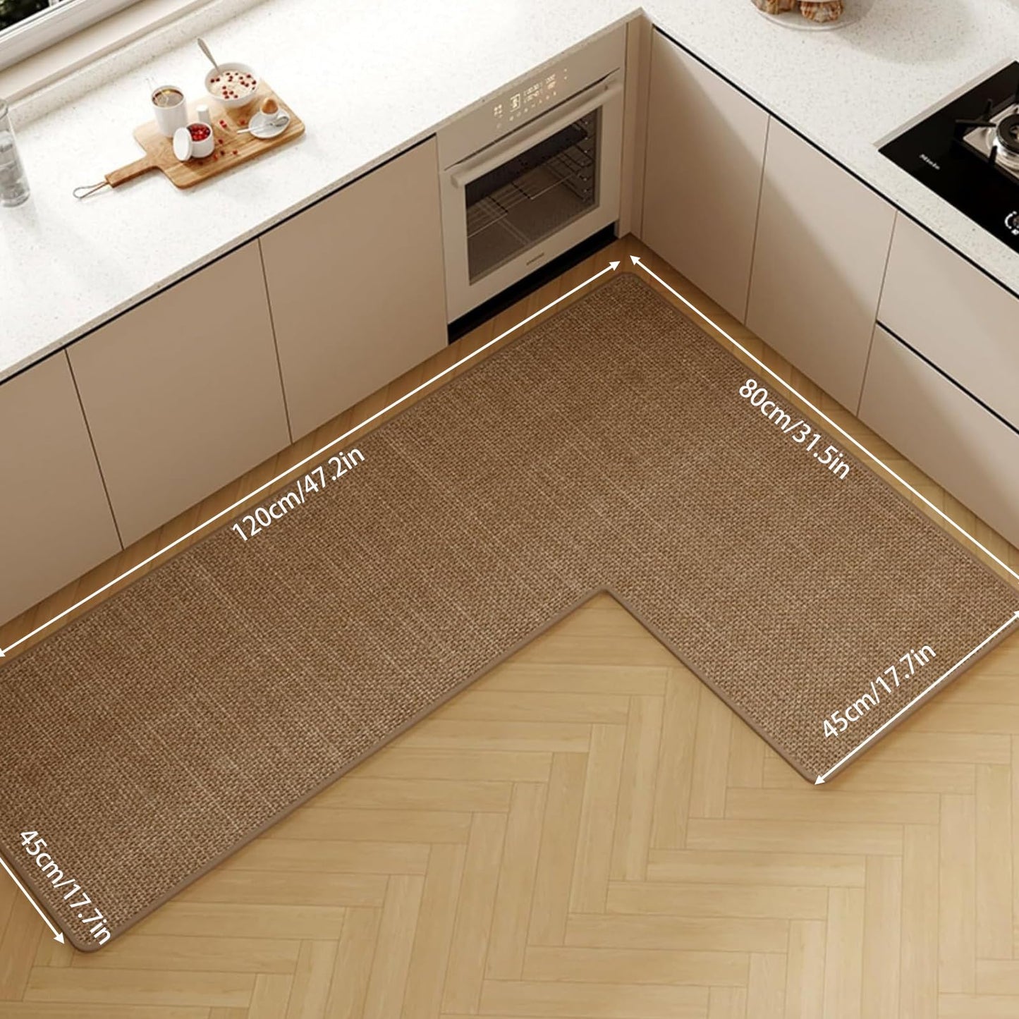 L Shaped Rug Corner Kitchen Rugs Non Slip Washable Mat, L-Shaped Rug Super Absorbent Corner Kitchen Mats Rubber Waterproof Corners Area Runner Kitchen Sink Floor Mat (Khaki Left-L, 31.5″X47.2″X17.7″)