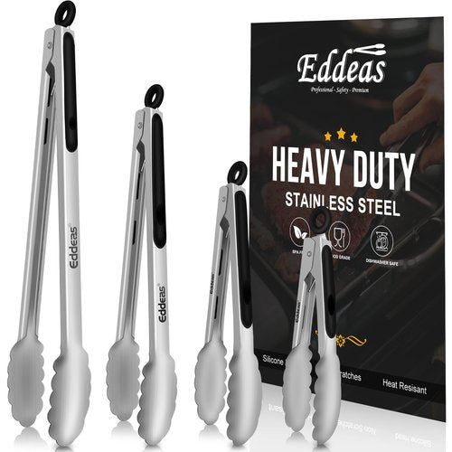 EDDEAS Grill Tongs - BBQ Tongs Heat Resistant 600 Degrees, Heavy Duty Metal, Perfect for Cooking, Grilling, Set of 4, 7",9",12" & 14 inch Black