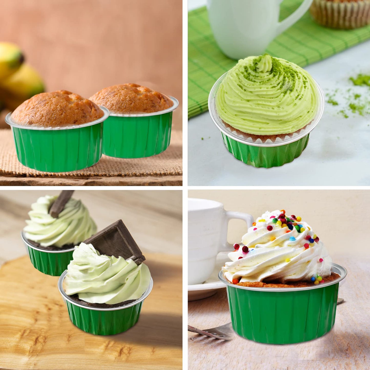 100Pcs Aluminum Cups with Lids,5oz Disposable Ramekin Baking Cups Muffin Liners Mini Pie Pans Foil Cupcake Containers for Christmas Party Wedding Party,Green