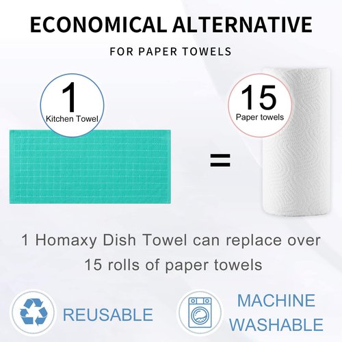 Homaxy 100% Cotton Terry Kitchen Towels(Turquoise, 13 x 28 inches), Checkered Designed, Soft and Super Absorbent Dish Towels, 6 Pack