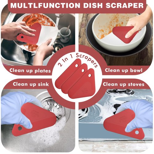 Food Scraper, 2-in-1 Pot and Pan Dish Scraper, Nylon and Silicone, Kitchen Scraper Tools for Cast Iron Skillets, Cookware, Dishes, Pans and Pots, Heat Resistant, Set of 3 - Red