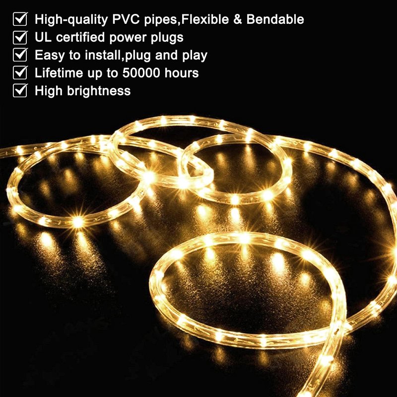 SURNIE LED Rope Lights Outdoor Warm White, Waterproof 100FT Cuttable 3000K Soft Lighting Indoor 110V Connectable Flexible Clear Tube for Bedroom Outside Garden Deck Patio Camping Decor, Not Flat Strip