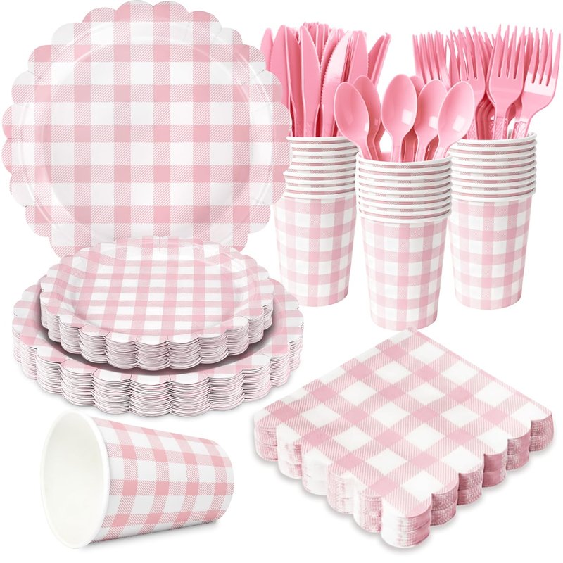 175 PCS Pink Gingham Party Supplies Includes Pink Gingham Paper Plates, Cups, Napkins, Cutlery for Baby & Bridal Shower, Wedding, Birthday Party, Outdoor Picnic, Serves 25
