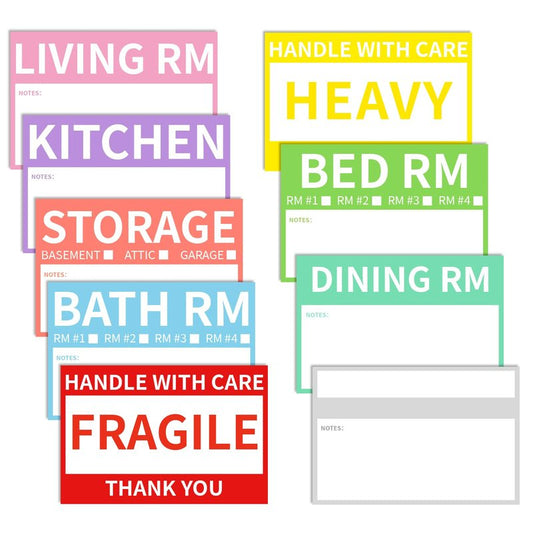 Ououstate 300 Count 2” x 3’’ Removable Home Moving Box Packing Labels for 1/2/3/4 Bedroom Rooms, 9 Designs Waterproof Color-Coded Moving Stickers Including Fragile 、Heavy and Blank Labels