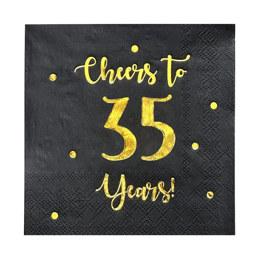 Cheers to 35 Years Cocktail Napkins | Happy 35th Birthday Decorations for Men and Women and Wedding Anniversary Party Decorations | 50-Pack 3-Ply Napkins | 5 x 5 inch folded (Black)
