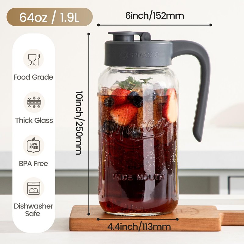 Spreccio 64 oz Mason Jar Pitcher with Lid - Wide Mouth, 2 Quart Glass Water Pitcher with Lid - Heavy Duty, Leak Proof - Sun & Iced Tea, Cold Brew Coffee, Lemonade, Breast Milk Storage