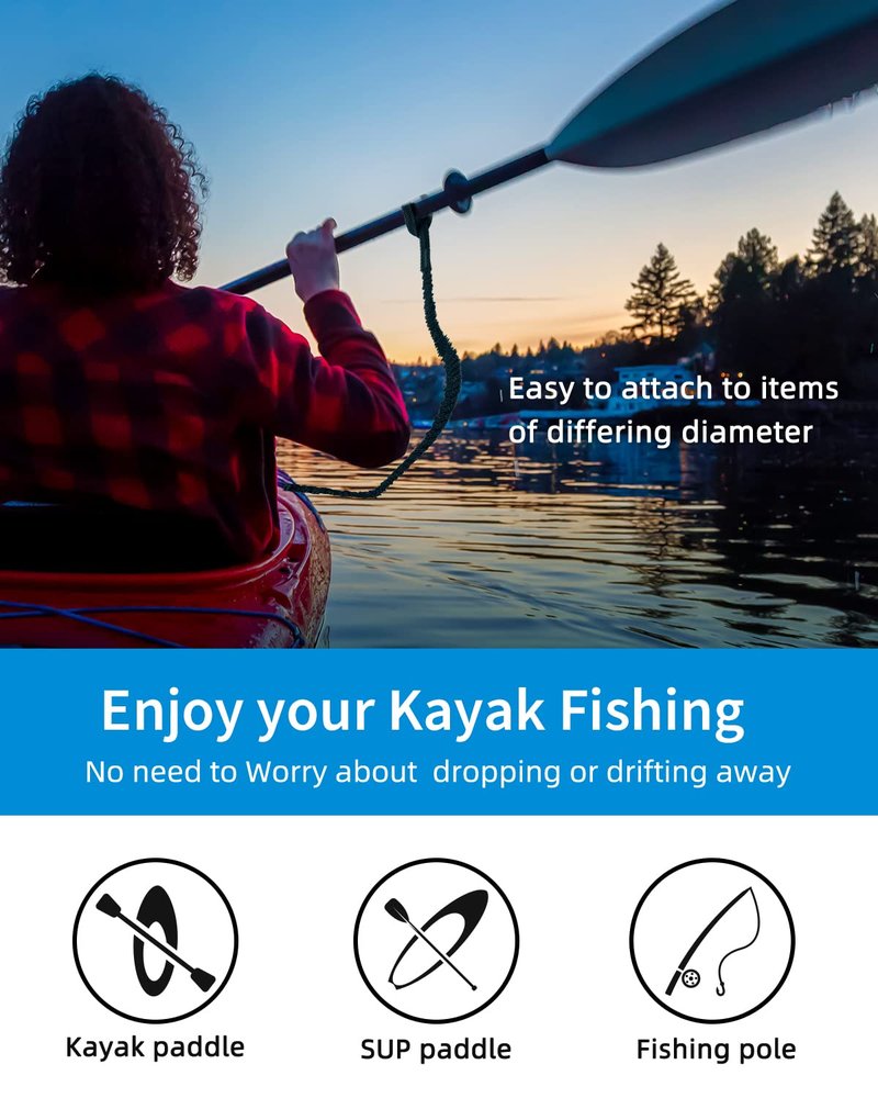 OCEANBROAD Kayak Paddle Leash with D-Ring Stretchable Bungee Strap Lanyard Rope for SUP Kayaking Boating Canoeing Fishing Pole Rod 4-7 Feet Black 4 Pack