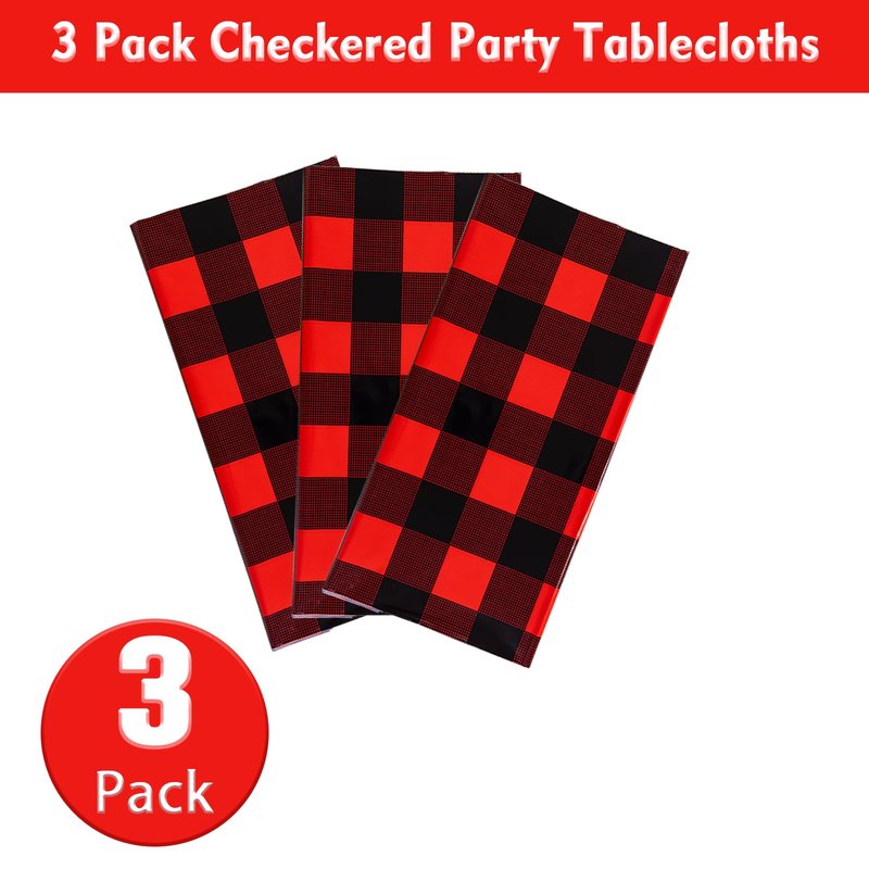 Kesfey 8 Packs Red and Black Merry Christmas Checkered Tablecloth 54 x 108 Inches Plastic Buffalo Check Plaid Table Cover Disposable Red Gingham Winter Christmas Picnic Table Cloth for Dinner Camping