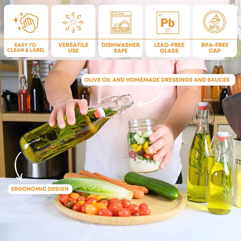 FastRack Swing Top Glass Bottles |16 oz – Pack of 6 | Clear, Flip Top Glass Bottles for Home Brewing, Carbonated Drinks, Kombucha, Fermentation, Water | Food Grade – ECO Friendly