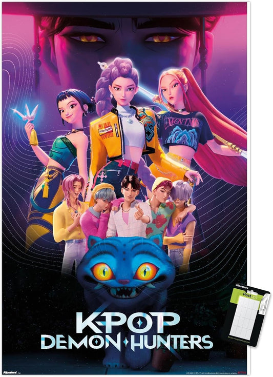 Netflix KPop Demon Hunters Wall Poster - Premium 34L x 22.4W Mount Bundle