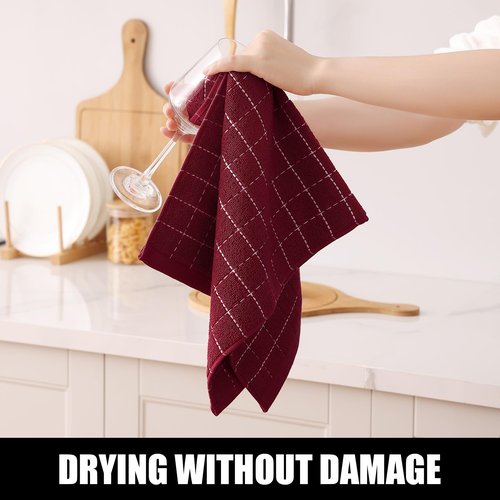 Homaxy 100% Cotton Terry Kitchen Towels(Burgundy Red, 13 x 28 inches), Checkered Designed, Soft and Super Absorbent Dish Towels, 4 Pack