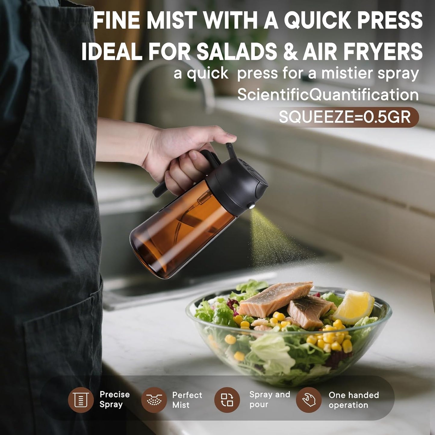 Skiennix 16oz Olive Oil Sprayer - 2-in-1 Dispenser Bottle for Cooking & Salad | Premium Dark Brown Glass