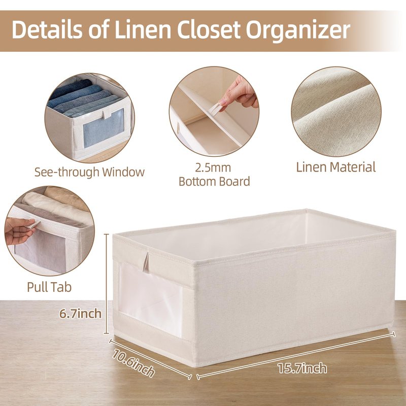 Linen Closet Organizers And Storage, 6 Pack Closet Storage Bins Linen Closet Baskets for Closet Organization Foldable Closet Organizer Bins with Clear Window For Organizing Clothing, Jeans, Shelves