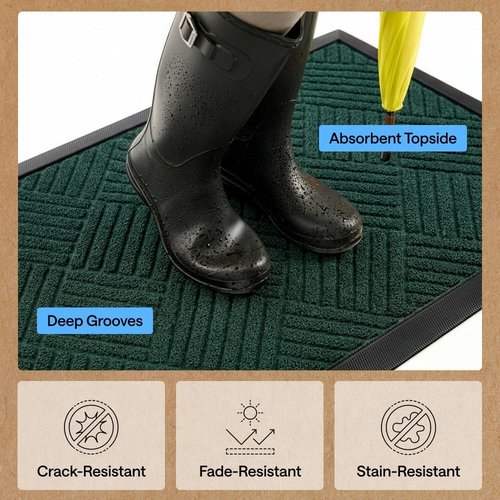 GORILLA GRIP Waterproof All-Season Doormat - Natural Rubber, Stain & Fade Resistant, 29x17, Green Diamond