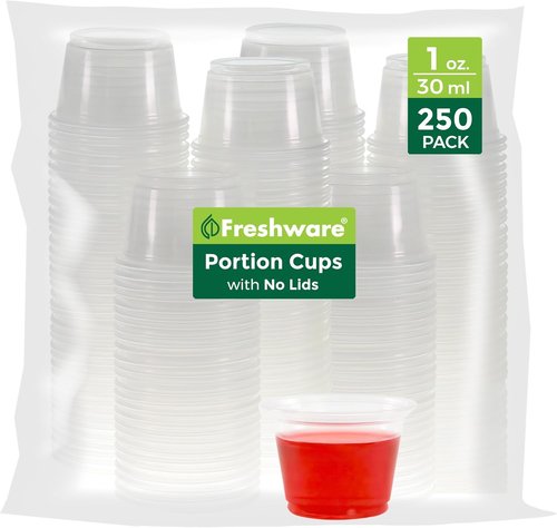 Freshware Plastic Portion Cups - 1 Ounce, 250 Count | Ideal for Meal Prep, Dipping Sauces & Jello Shots