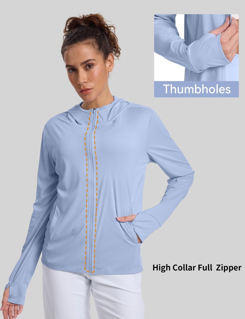 CHALLMOTI Women's Sun Protection Jacket Zip up Hoodie Lightweight Long Sleeve UV Cover Up Hiking Shirt UPF 50+ Light Blue XS