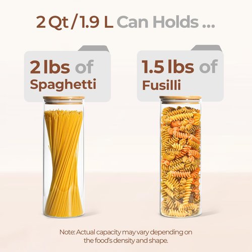 ComSaf Glass Pasta Storage Container Set - 2 Qt Airtight Jars with Wood Lids | Clear Kitchen Pantry Organization