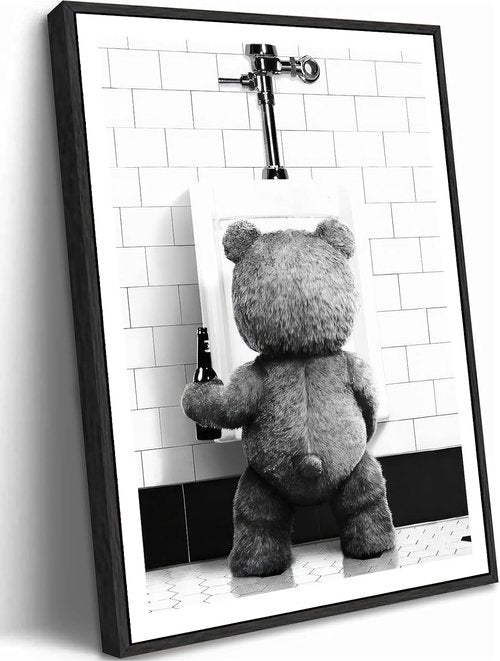 Funny Teddy Bear Wall Art - Black and White Bathroom Decor | 8x10in Print for Movie Fans