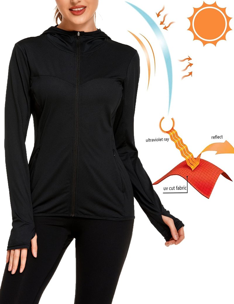 COOrun Women's UPF 50+ Sun Protection Hoodie Jacket Lightweight Full Zip Running Jacket Athletic Workout Top with Thumb Holes Zipper Pockets Black S