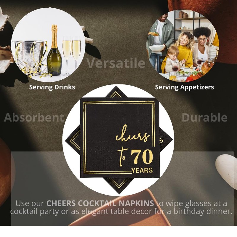 Ottin Black Cheers to 70 Years Cocktail Napkins, 5x5 Inches, 50 Counts, 3-Ply Disposable Party Napkins for 70th Birthdays Decorations, Anniversaries, Weddings, Indoor & Outdoor Celebrations, Gold Foil