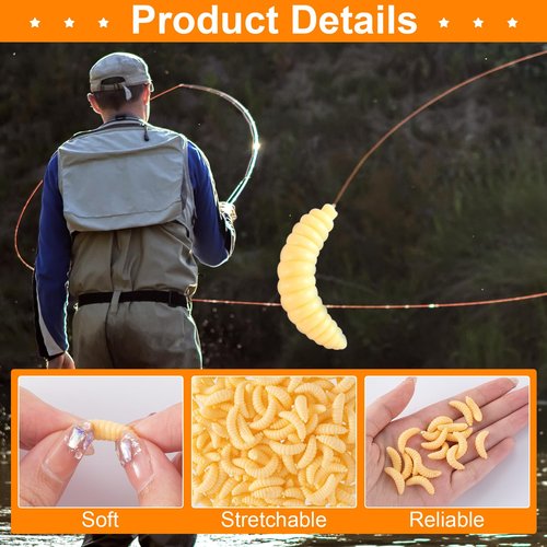 CustomyLife 150Pcs Fake Worms for Fishing, Bass Soft Maggots Baits Bread Worm Realistic Fishing Lure, Plastic False Wax Worm for Freshwater Ice Lure Fishing