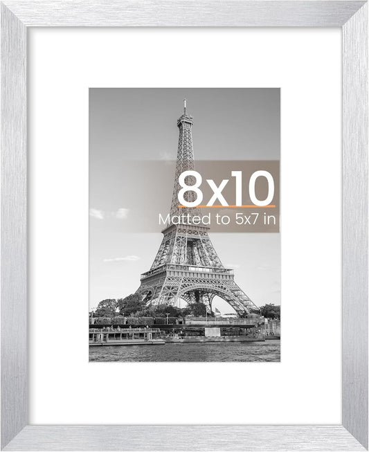 Upsimples 8x10 Picture Frame - Versatile Display for 5x7 Photos with Mat or 8x10 Without - Silver, 1 Pack