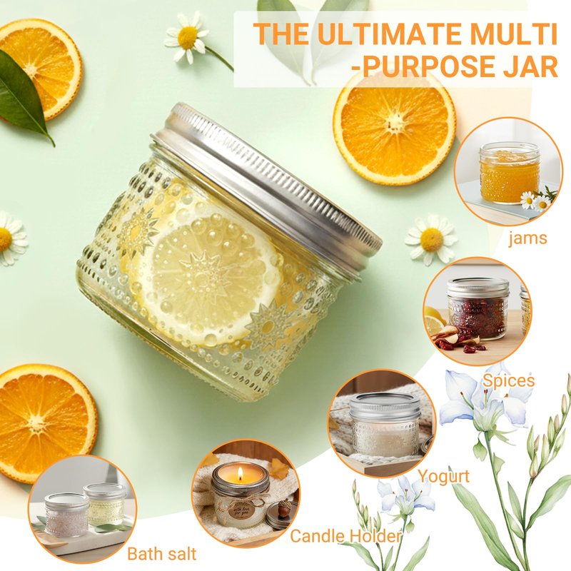 igoelove 4 oz Mason Jars with Embossed Pattern 24 Pack | Small Canning Jars with Airtight Lids | Mini Glass jars for Jams, Jelly, Honey, Spices, DIY Candles, Wedding Favors and Gift Packaging
