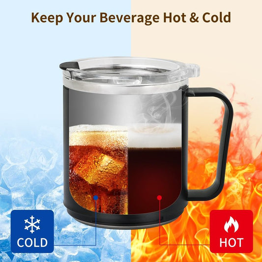 VOBAGA 15oz Stainless Steel Coffee Mug with Flat bottom and Handle, Work with Coffee Warmer for Rapid Heating Coffee, Tea and Milk Office Desk Accessories Black