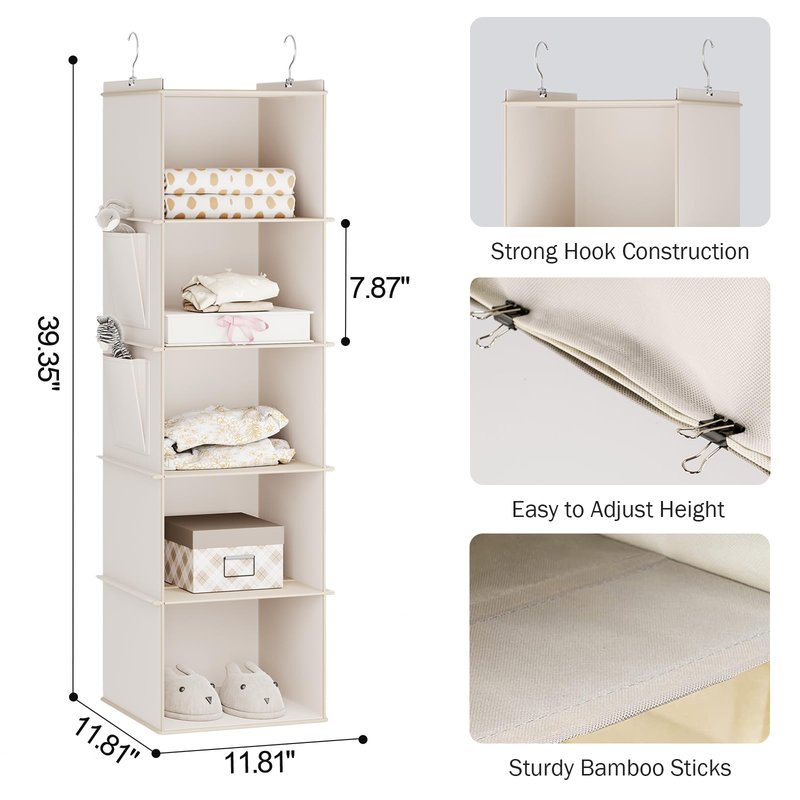 YOUDENOVA Hanging Closet Organizer, 5-Shelf Closet Hanging Storage Shelves, Beige