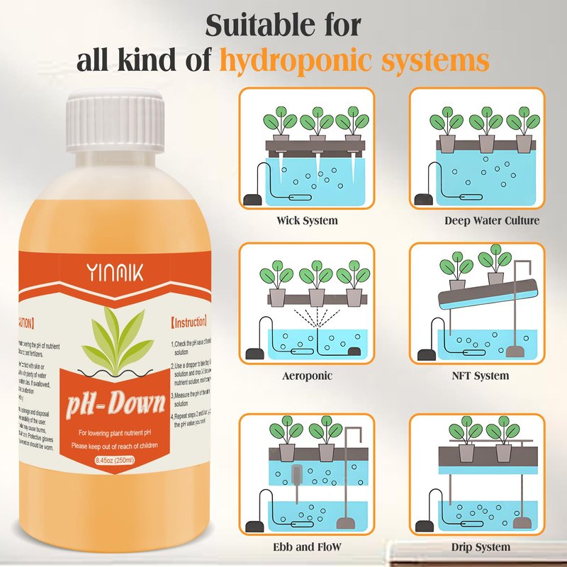YINMIK General Hydroponics pH Down Liquid, pH Control Liquid Decreases pH Levels, 250ml Premium Buffering for pH Stability,Suitable for All Hydroponics Feeding Systems, Both for Soil and Water