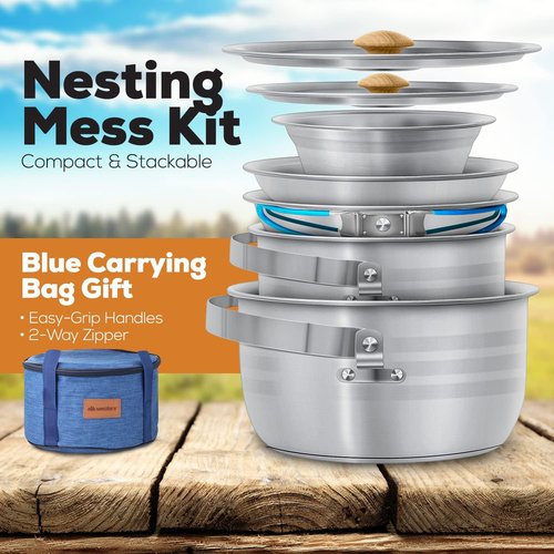 17-Piece Stainless Steel Camping Cookware & Dinnerware Set - Pots, Pans, Plates & Sporks in Travel Bag for Outdoor Adventures