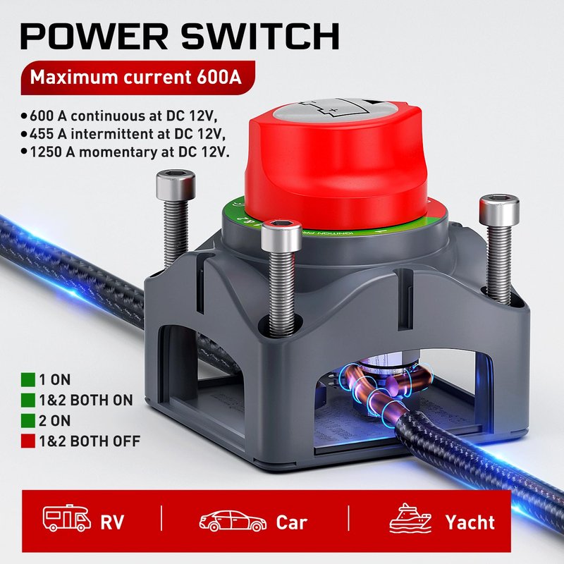 Nilight Battery Switch 1-2-Both-Off 12V 24V 48V 600A High Current Heavy Duty Battery Power Cut Master Switch Disconnect Isolator for Truck Vehicle Trailer RV Marine Boat Yacht