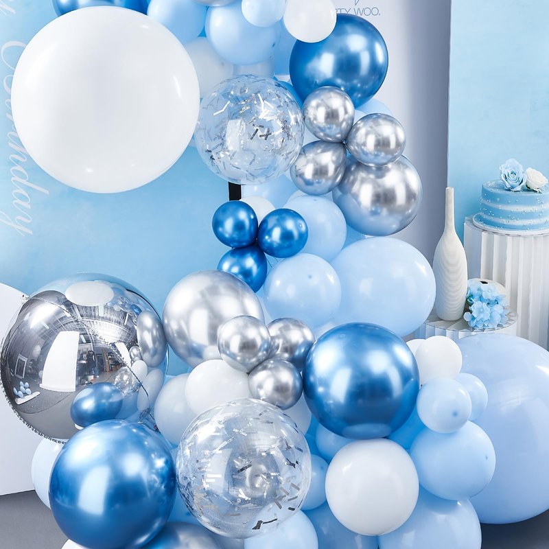 PartyWoo Blue White and Silver Balloon Arch Kit Garland 142pcs Different Sizes of 18 12 10 5 Inch Pastel Metallic Blue White Metallic Silver Confetti Balloons for Baby Shower Party Decorations