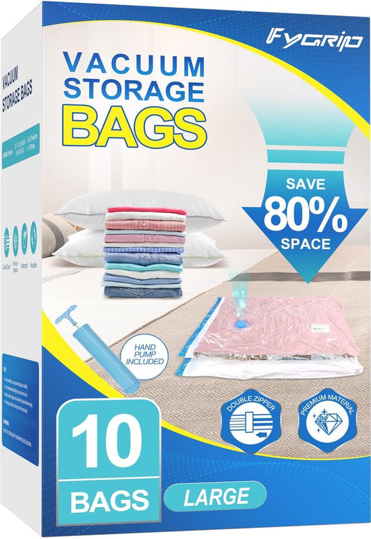 Fygrip Vacuum Storage Bags with Hand Pump, Plastic Packaging Bags, 80% Space Saver Vacuum Seal Bags for Clothing, Travel Lugggage, Blankets, Comforters, 10 Large