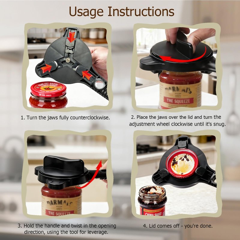 Ruydiwale 4-in-1 Jar Opener, Adjustable Jar Opener for Seniors, Kitchen Tool Designed Specifically for Seniors and Those with Limited Physical Strength, Suitable For Beer, Salad Dressing, Jar (Black)