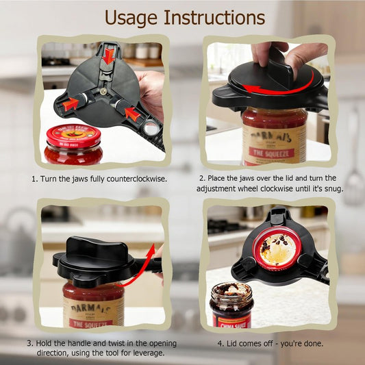Ruydiwale 4-in-1 Jar Opener, Adjustable Jar Opener for Seniors, Kitchen Tool Designed Specifically for Seniors and Those with Limited Physical Strength, Suitable For Beer, Salad Dressing, Jar (Black)