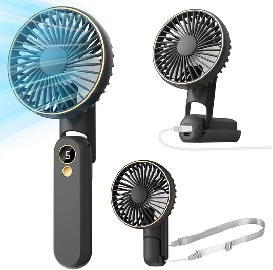 Skiennix Portable Handheld Fan - USB Rechargeable Mini Fan with 180° Foldable Design | 5 Speed Settings, LED Display, Black - Perfect for Travel & Outdoor Use