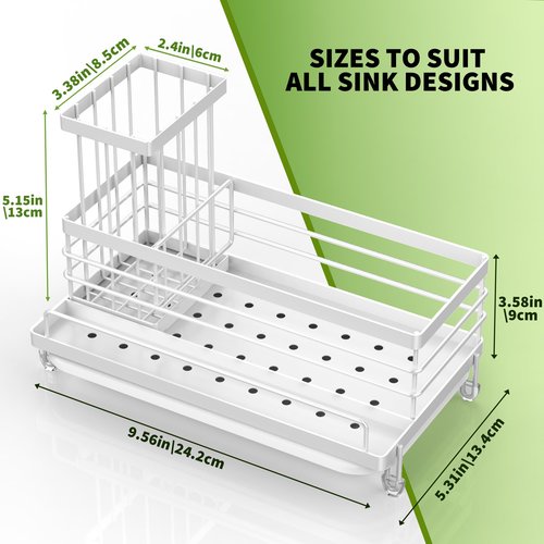 Cisily Stainless Steel Kitchen Sink Caddy Organizer, Sponge Holder for Sink Rustproof, Non-Slip Soap Dish Dispenser Brush Holder Storage, Home & Kitchen Essentials Accessories (White)