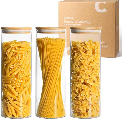 ComSaf Glass Pasta Storage Container Set - 2 Qt Airtight Jars with Wood Lids | Clear Kitchen Pantry Organization