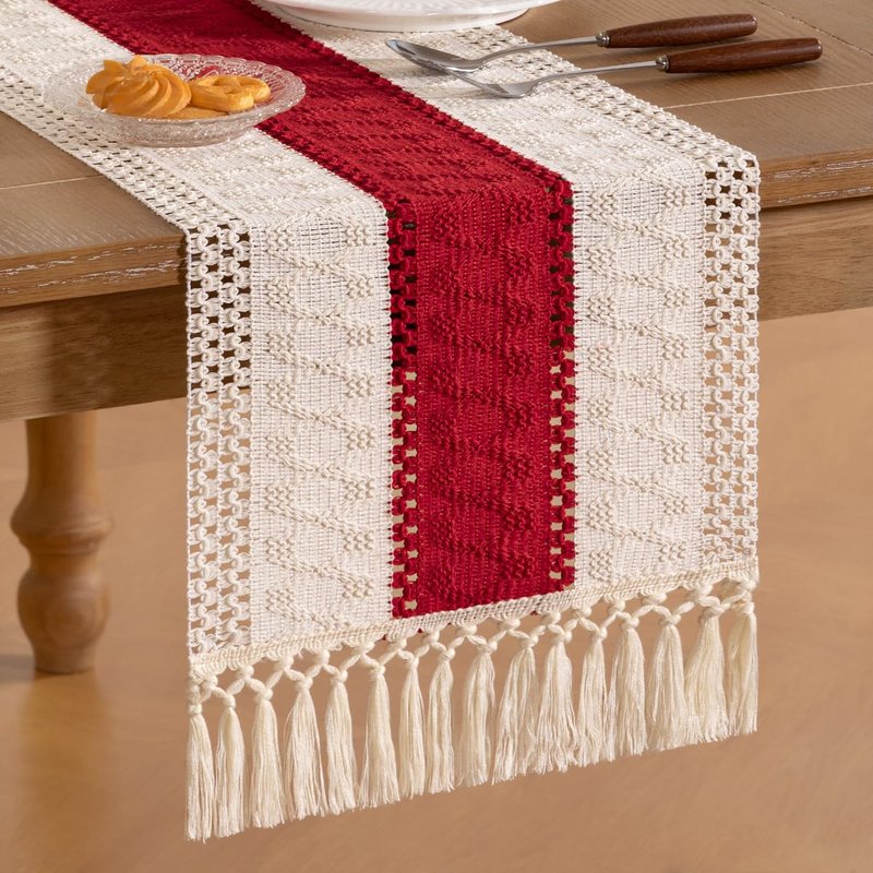 Socomi Boho Table Runner Easter Spring Farmhouse Rustic Dining Kitchen Centerpiece Decor Small Macrame Woven Cotton Linen Coffee Table Runner for Dresser Scarf Home Decor 12x72 in Red Ivory