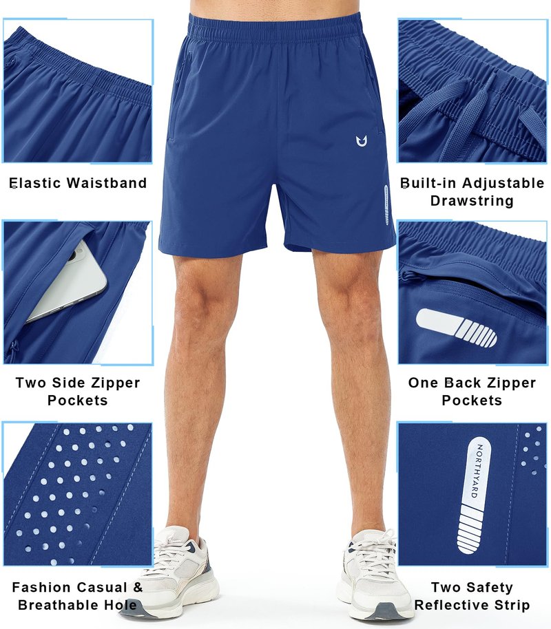 NORTHYARD Men's Athletic Running Shorts Gym Workout 7"/9"/5" Quick Dry Lightweight Sports Basketball Tennis 3 Zipper Pockets ROYALBLUE-5inch 4XL