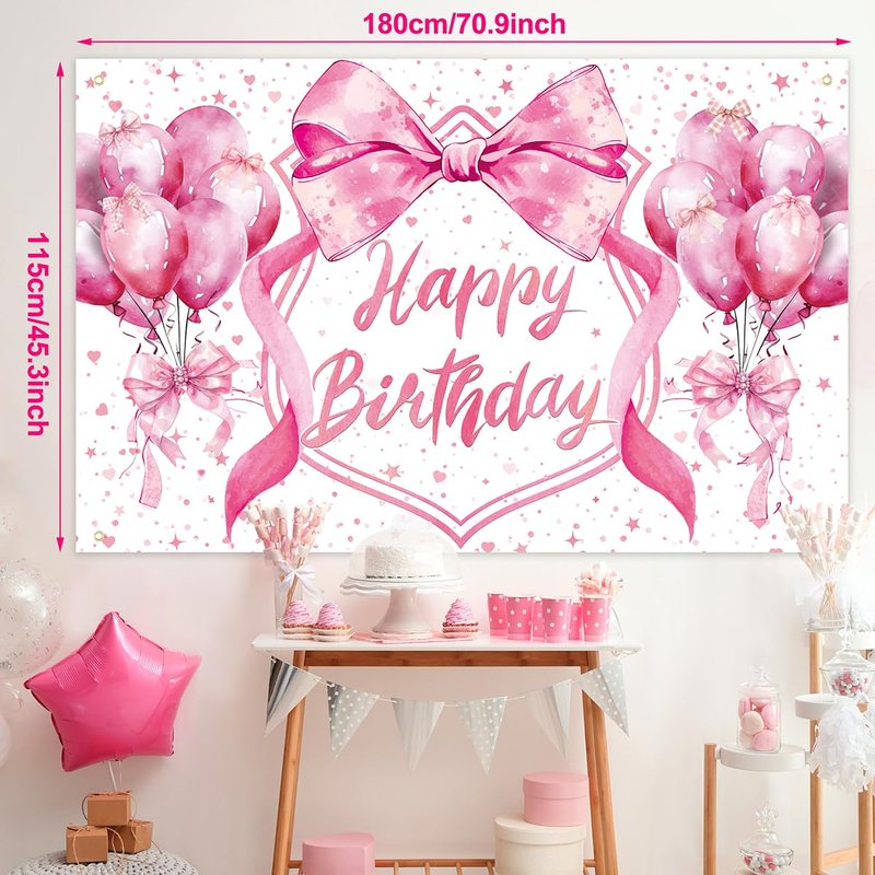 Jumpama 146Pcs Pink Bow Birthday Decorations Coquette Birthday Party Decorations Pink Bow Backdrop Coquette Banner and Balloons for Girls Women Baby Shower Bachelorette Party Supplies