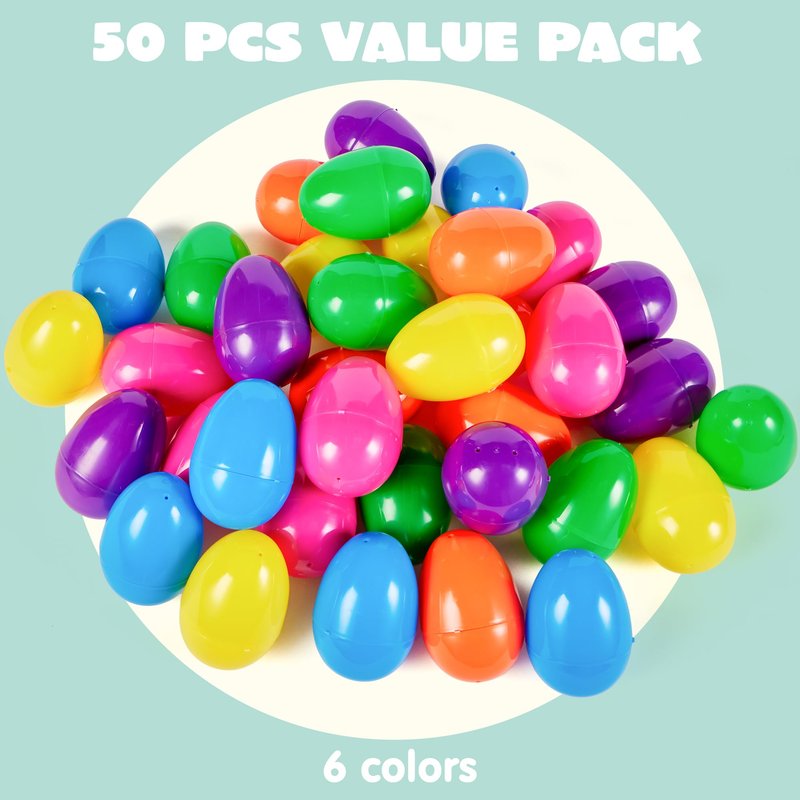 JOYIN 3.15" Easter Eggs, Fillable Plastic Eggs Empty Colorful Bright Eggshells with Hinge for Easter Hunt, Filling Treats, Party Favor, Basket Stuffers, Classroom Prize Supplies, 50 PCS