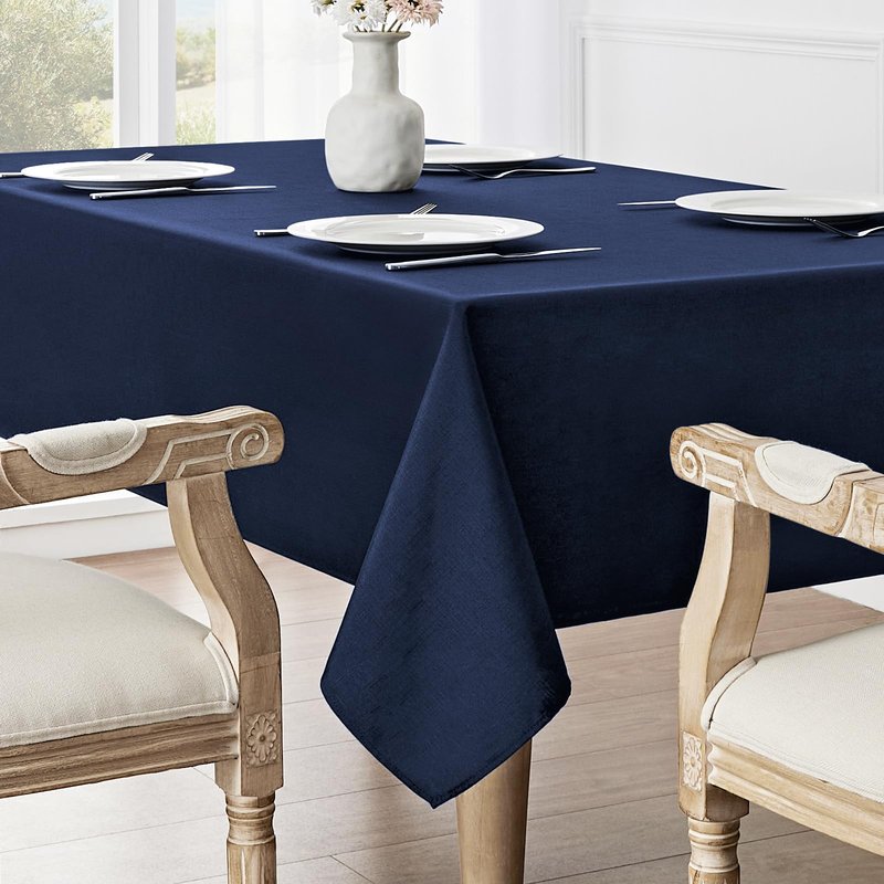 Veblandy Rectangle Tablecloth Waterproof 60x84 inch Linen Textured Table Cloth Stain and Wrinkle Resistant Washable, Decorative Fabric Table Cover for Dining, Party and Camping, Navy Blue