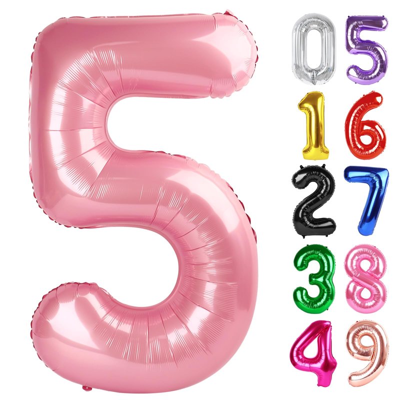 Pearlescent Pink Number 5 Balloon 40 Inch, 5th Birthday Party Decorations for Children, Giant 5 Foil Balloon for Party Supplies