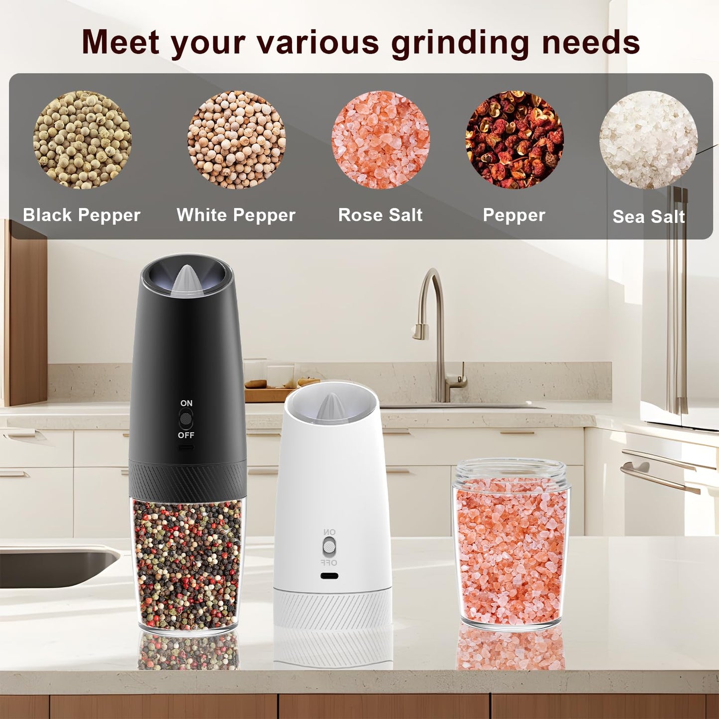 QTDHG Electric Salt and Pepper Grinder Set Rechargeable Gravity Pepper and Salt Mill Grinder Set Type-C Fast Charging, Adjustable Coarseness, Large Capacity with LED Light (Black White-2pcs)