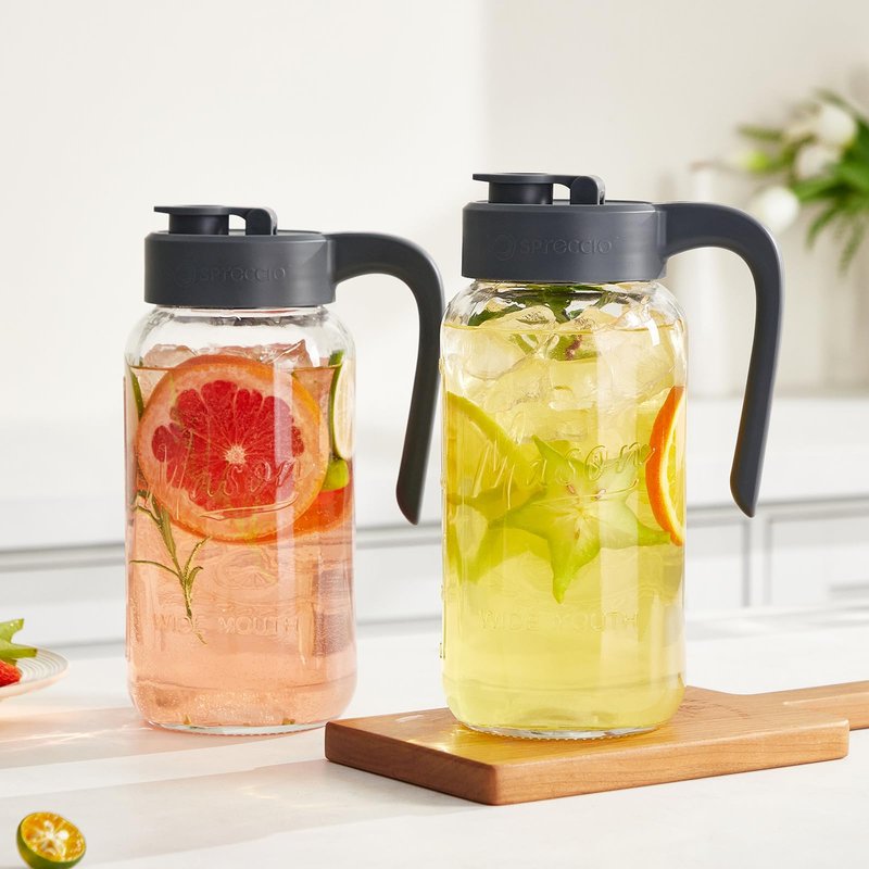 Spreccio 64 oz Mason Jar Pitcher with Lid - Wide Mouth, 2 Quart Glass Water Pitcher with Lid - Heavy Duty, Leak Proof - Sun & Iced Tea, Cold Brew Coffee, Lemonade, Breast Milk Storage